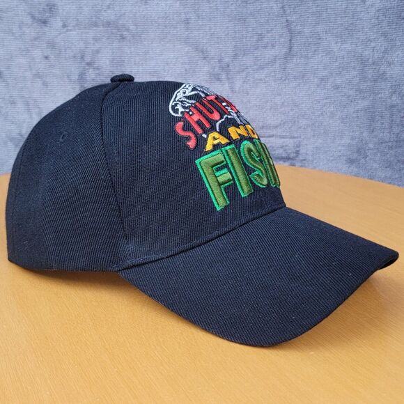 Embroidered Shut Up & Fish Fishing Hat Black Adjustable Hook & Loop Trucker Cap - Picture 4 of 16